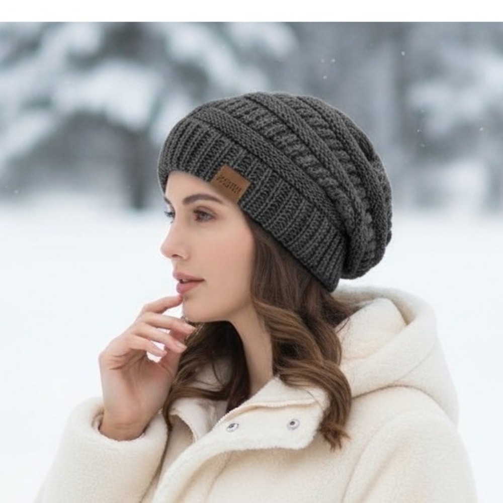 Unisex Slouchy Chunky Soft Warm Fleece Lined Beanie Hat Cap Gray OS Outdoor - Picture 4 of 7
